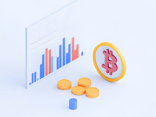 A chart with a red line and a yellow coin with the letter B on it