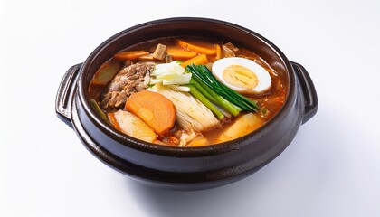 Korean Food, Cheonggukjang Jjigae on white background isolated.