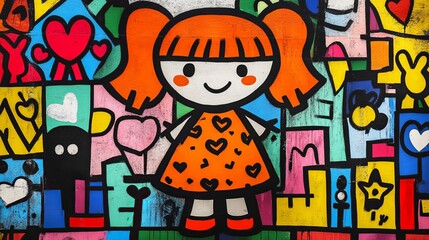 Vibrant street art of a happy girl in a heart dress and orange hair