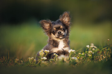 long haired chihuahua puppy sitting outdoors in summer