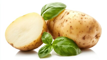 Potato with Fresh Basil Leaves on White Background Generative AI