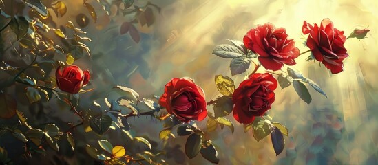 A Sprig Of Red Roses On A Background Of Leaves And Sunlight