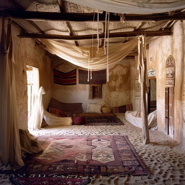 Interior of canopy in beduin village in desert