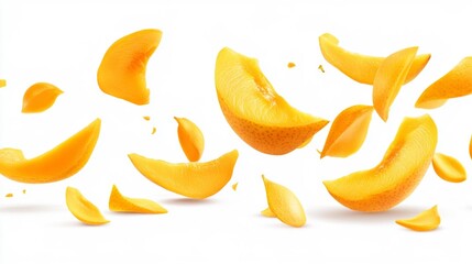 Floating Yellow Peach Slices on White Background Generative AI