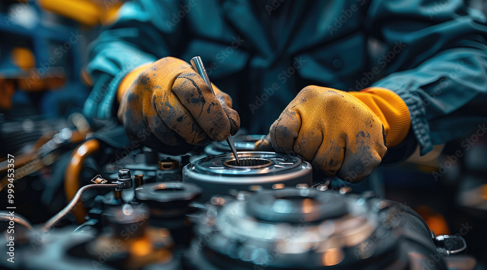 Aufkleber an engineer carefully inspects the motor with tools in hand, demonstrating a professional standard t