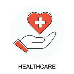 Obraz premium Vector icon for Healthcare. Hand holding a heart symbol with a cross to represent medical services and health support.