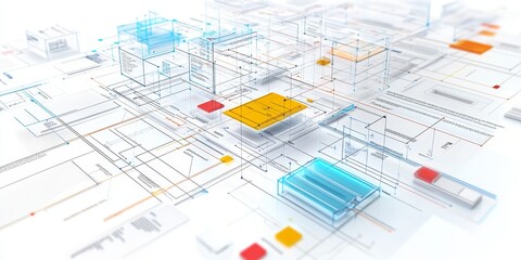 Detailed view of a software architecture diagram, multiple layers and components interconnected with clear annotations for system design.