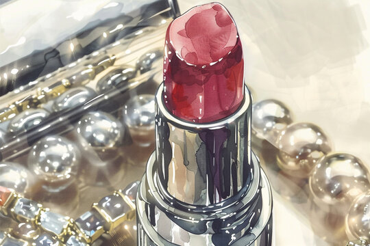Close-Up of Lipstick Illustrated in Watercolor Style with Elegant Jewelry in the Foreground &ndash; A Luxurious Beauty Scene that Exudes Elegance and Sophistication