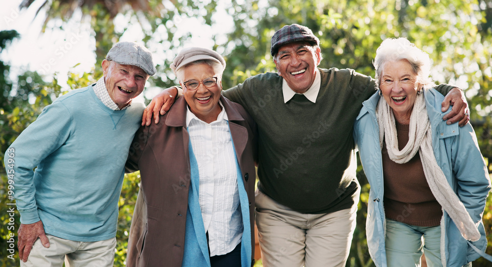 Sticker Senior people, portrait and bonding in community as pensioner for activity, support and wellness. Group, elderly care and friends for outdoor, garden or backyard in nursing village or retirement home