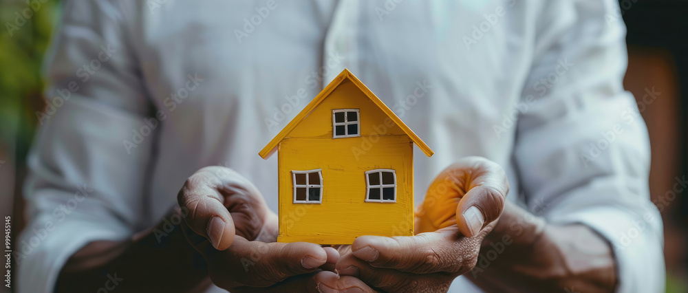 Wall mural a man in a crisp white shirt holding a small yellow toy house, symbolizing personal investment in re