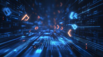 Light arrow circuit on blue background illustration, copy space composition, business growth digital concept. 