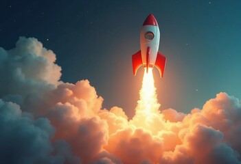 A playful rocket blasts off, illuminated by a fiery orange glow, surrounded by fluffy clouds, evoking a sense of adventure and excitement