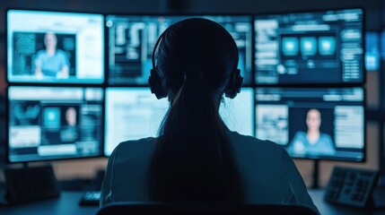 A person wearing headphones sits in front of multiple computer screens, engaged with various digital interfaces.