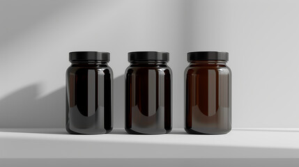Three glass jars with black lids are lined up in a row, ready for your branding or product design.