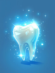 A sparkling, healthy tooth, radiating a bright light against a blue background.  A symbol of good dental hygiene and a healthy smile.