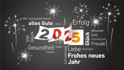 Happy New Year 2025 eve white German word cloud text with black red yellow 2025 calendar pages and light sparkle firework black background vector