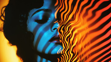 Video projection of analog distorted image projected onto a hallucinating vintage character of a young woman. The projection is overlaid onto her appearance, blurring and contorting it.