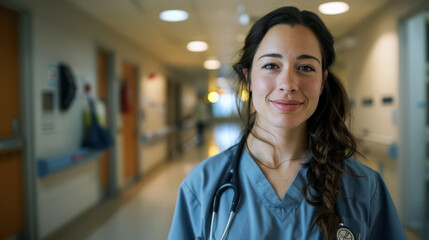 A female nurse in scrubs with a stethoscope around her neck, standing in a hospital corridor, smiling .
