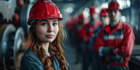 Naklejka premium A group of factory workers in uniform, standing in a factory, all smiling.