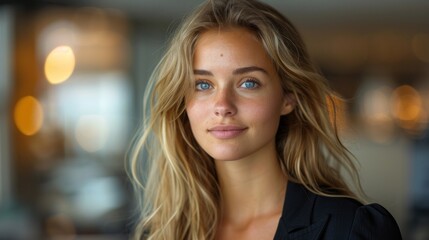 Obraz premium A woman with blonde hair and blue eyes is smiling for the camera