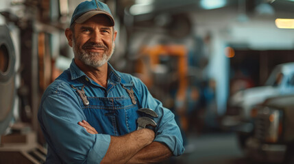 A mechanic in blue overalls, holding a wrench, standing in an auto repair shop, smiling.