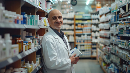 Fototapeta premium A pharmacist in a white coat, holding a prescription bottle, standing in a pharmacy.