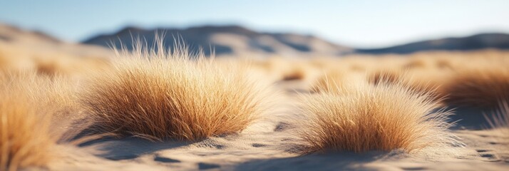 Obraz premium Sandy expanse with grass tufts, sharp foreground details, soft hills receding into the distance, serene and tranquil ambiance
