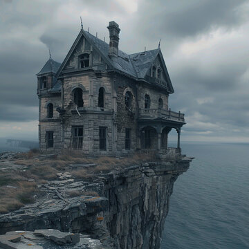 an abandoned ruined haunted mansion on a cliff-edge by the sea