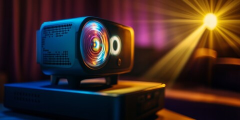 Detailed view of a portable projector, with its lens shining vibrant display output, compact design for modern media consumption.
