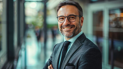 Fototapeta premium Mature professional in a suit and tie, grinning widely while.