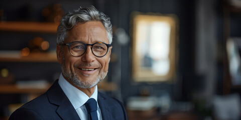 Fototapeta premium Mature professional in a suit and tie, grinning widely while.