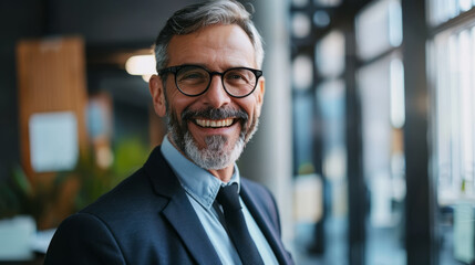 Fototapeta premium Mature professional in a suit and tie, grinning widely while.