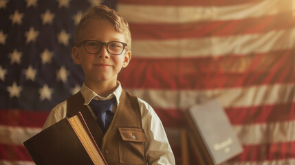 Portrait of a cheerful schoolboy holding books, standing in front of the American flag