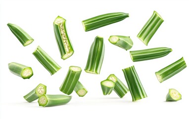 Flying Okra Slices on White Background Generative AI