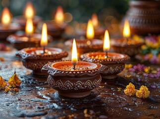 Indian festival Diwali, Diya oil lamps lit on colorful rangoli. Hindu traditional.