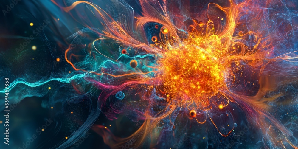 Poster a quark-gluon plasma simulation, with extreme temperatures and subatomic particles in flux.