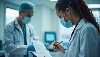 Two doctors are wearing masks and gloves and writing on a piece of paper