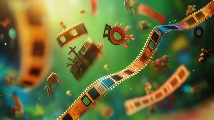 Obraz premium Film Strip with Tiny Figures in Green Background
