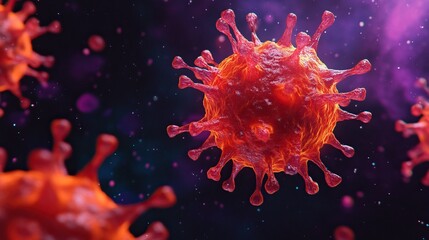 3D rendering of a virus in vibrant colors on a dark cosmic background.