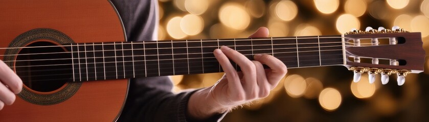 Obraz premium A close-up of a person playing an acoustic guitar, with a bokeh background that enhances the musical atmosphere.