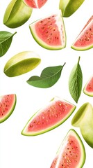 Watermelon and lime slices with green leaves on white background Generative AI