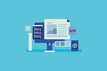 Web Development Company, Website design service, Business website building, Mobile application development. Custom app development concept. Vector illustration background.