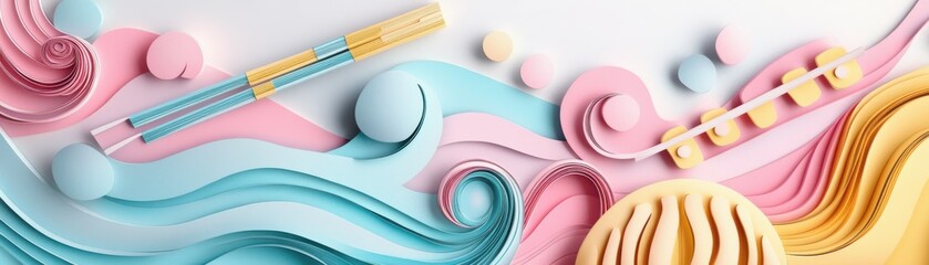 A colorful, vibrant design featuring flowing shapes and musical elements in pastel tones, perfect for art and music themes.