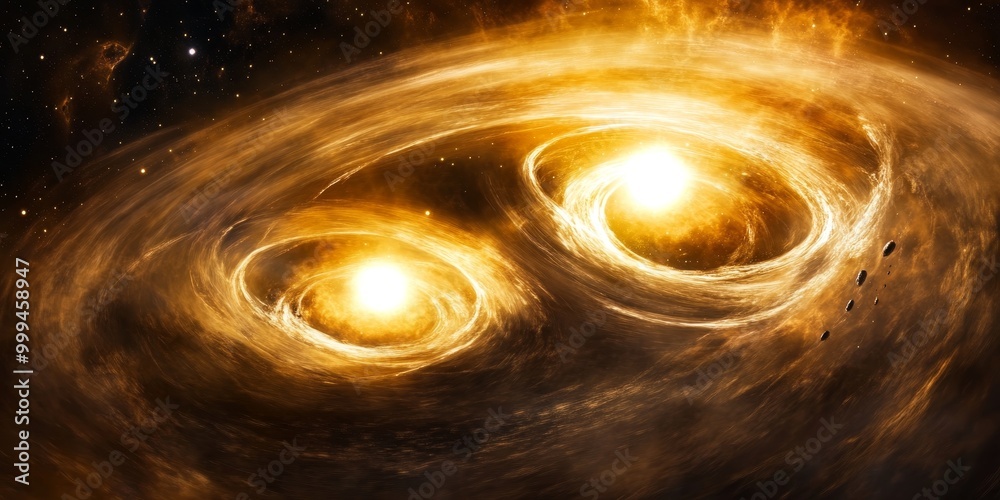 Aufkleber a binary star system, showing both stars orbiting their common center of mass and interacting.