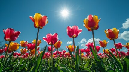 A vibrant field of tulips in full bloom under a bright, sunny sky. 