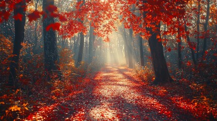 Serene Autumn Forest Path with Vibrant Red Leaves
