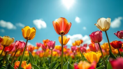 Fototapeta premium A vibrant field of tulips in full bloom under a bright, sunny sky. 