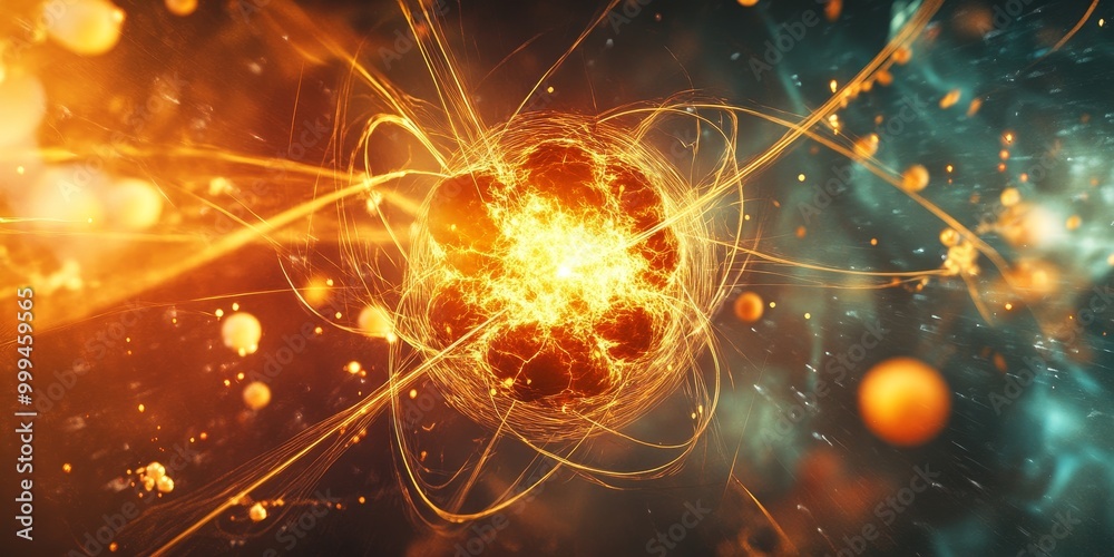 Poster a fission reaction, with neutrons splitting an atomic nucleus and releasing a significant amount of 