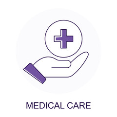 Obraz premium Vector icon for Medical Care. Hand holding a medical cross symbol representing patient support and health care services.