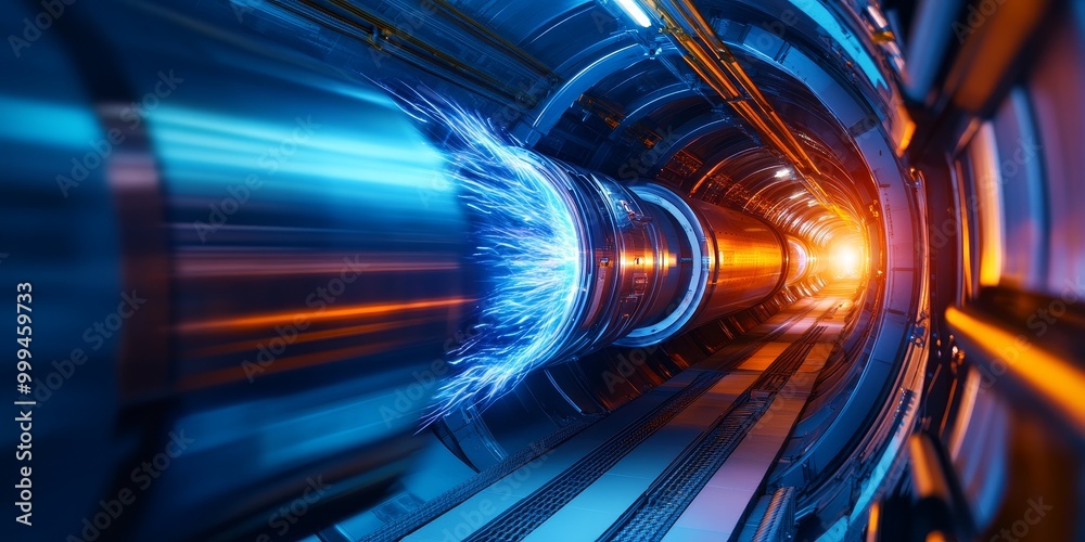 Poster a particle accelerators beamline, with charged particles moving at near-light speed toward collision.
